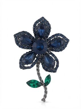 Navy and Emerald Crystal Flower Brooch - Sparkling Floral Pin
